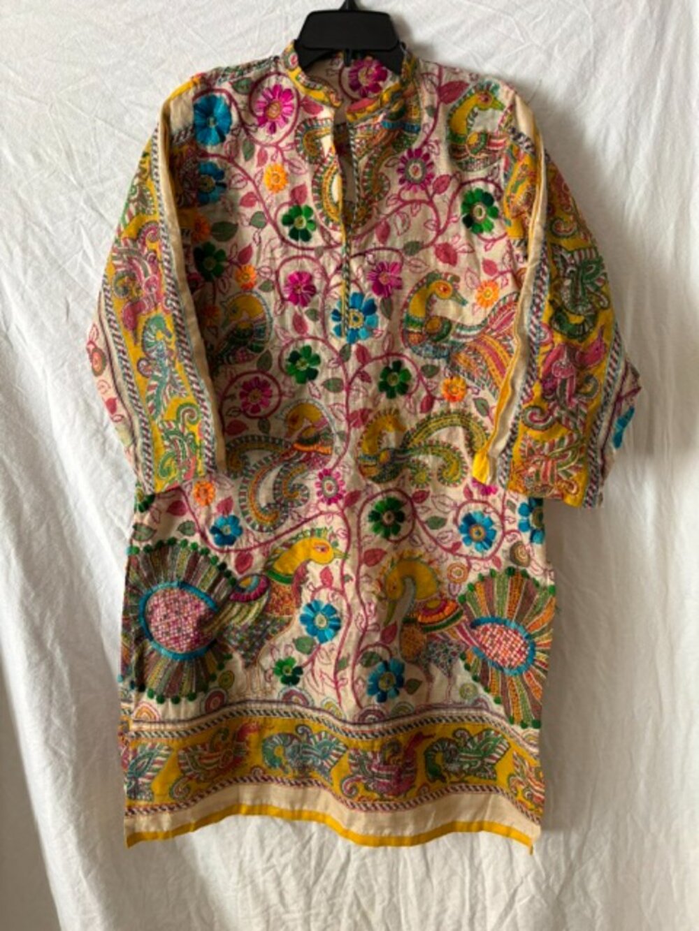 Artisan Cotton SilkCrinkle  Kurta Tunic Floral Peacock Embroidery Size M Medium